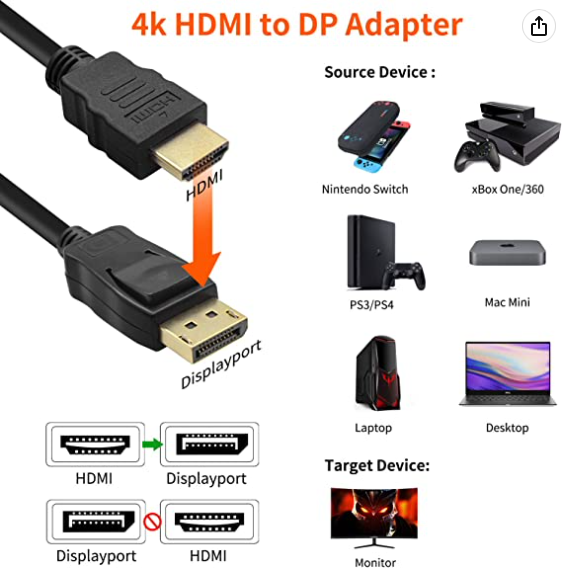 Cable adaptador convertidor HDMI 4K a Displayport 1.2 de 6 pies / 1.8 m, fuente HDMI a DisplayPort Monitor Cable unidireccional HDMI 1.4 macho a DP 1.2 macho -AHDPC